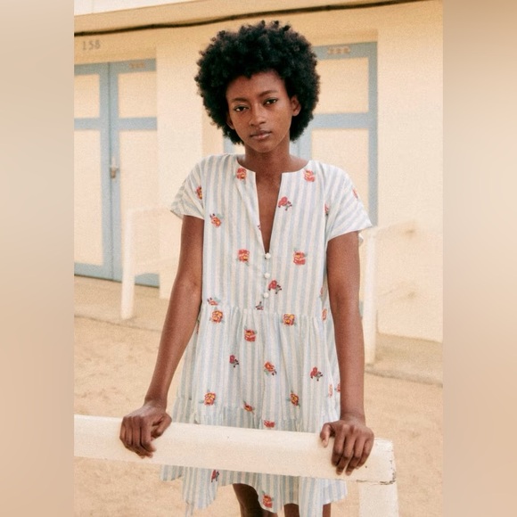 Sezane Dresses & Skirts - Sézane Saphir Mini Dress Floral Embroidery Blue White Striped US 6 NWT